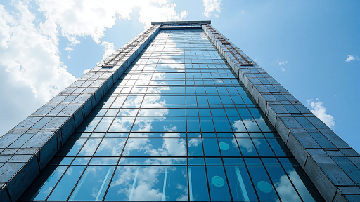 富力中心写字楼外观，现代化高层建筑，玻璃幕墙设计，蓝天白云背景